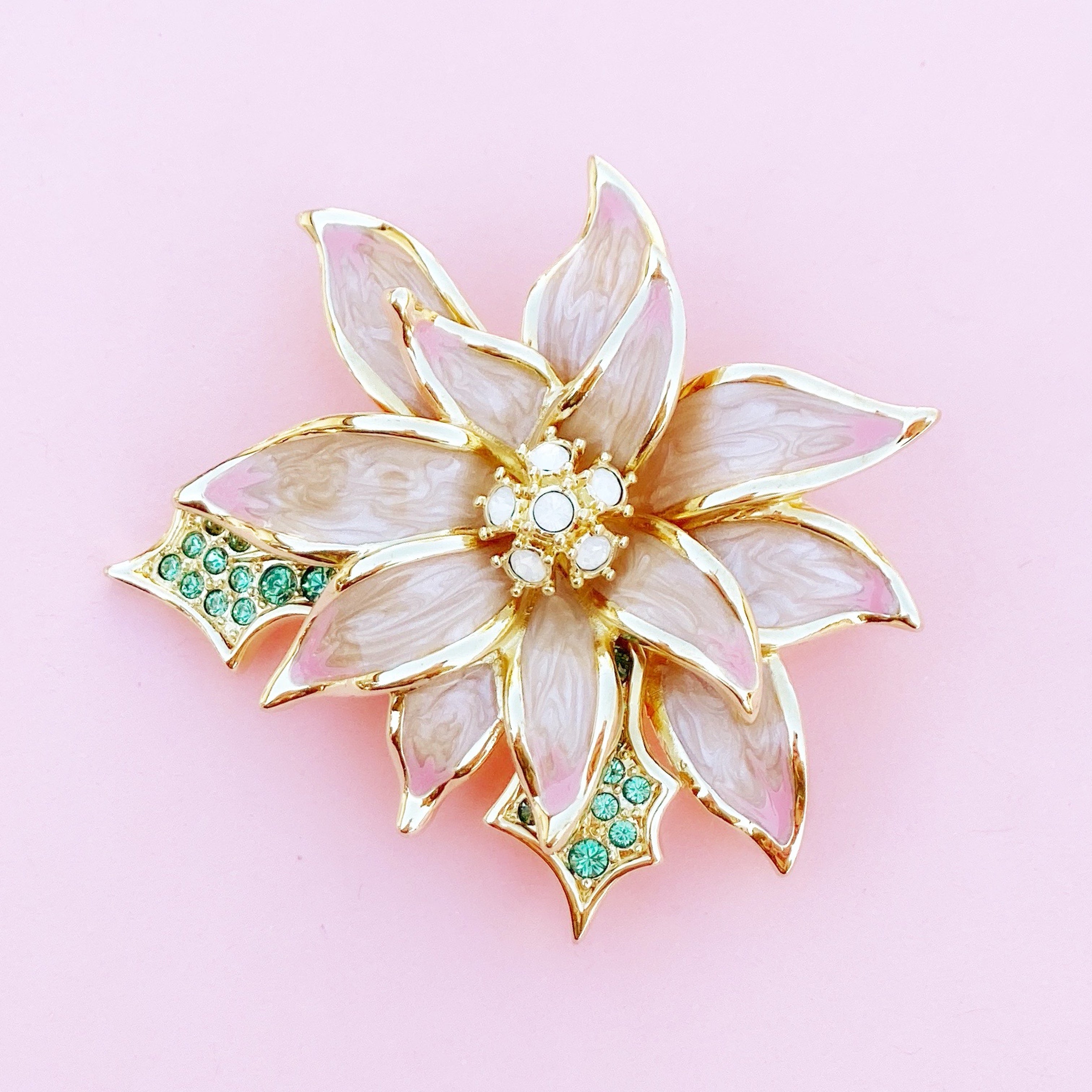 Vintage Gilded Pink Enamel Poinsettia Flower Figural Brooch By Nolan M Stylemined