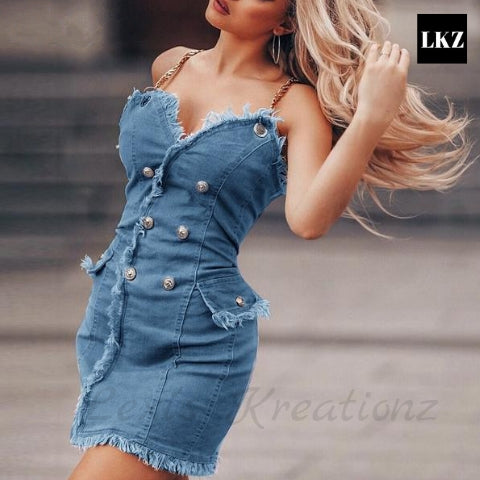 denim dress with gold chain straps