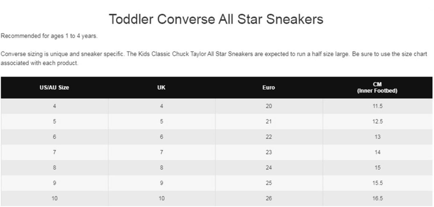 converse toddler shoe size chart