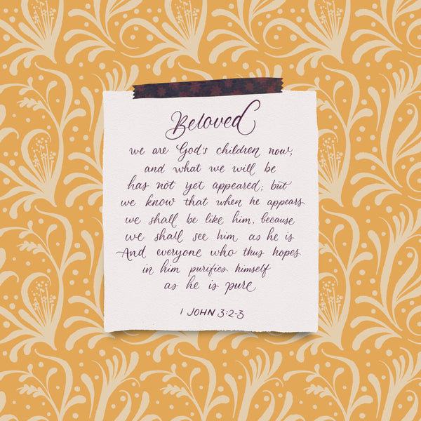 Digital illustration of a note that with a Bible verse stuck on a background of yellow patterned flowers