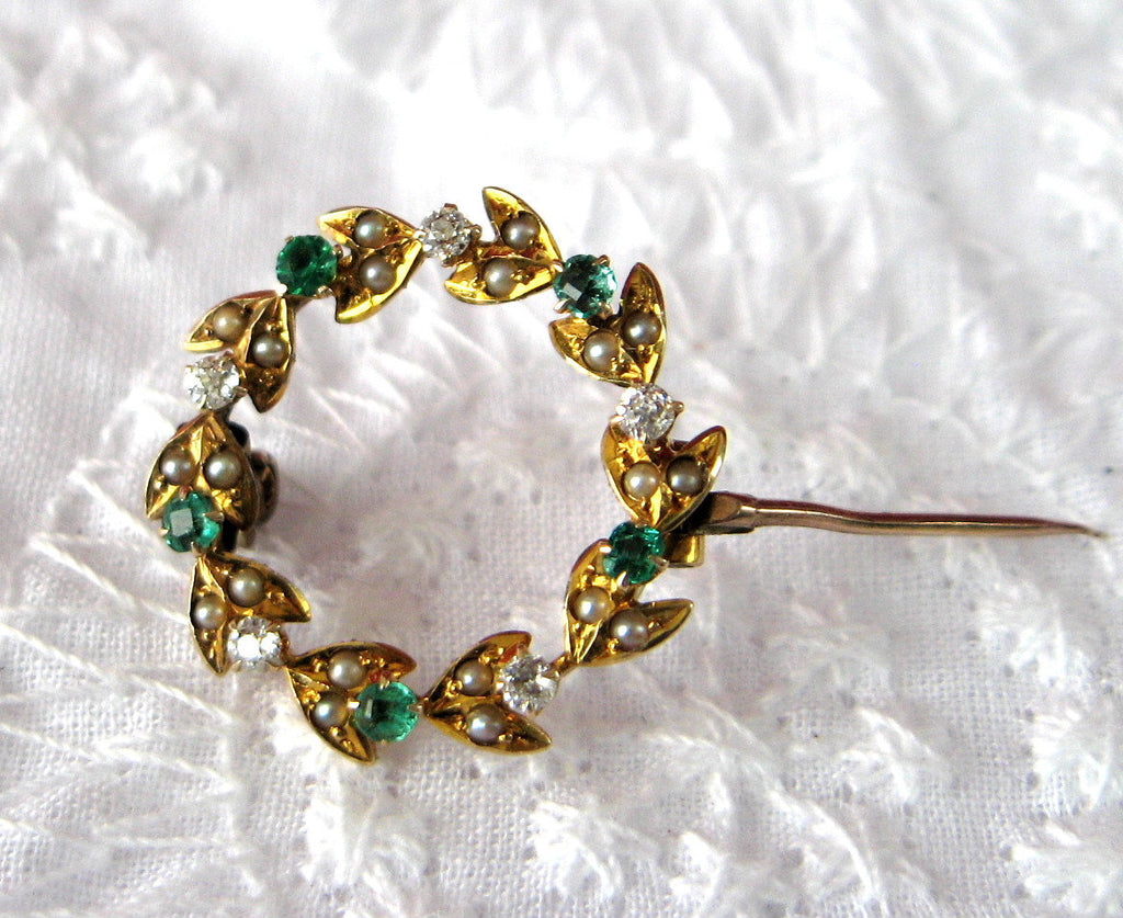 Edwardian Brooch Pin 9kt Gold Wreath Diamonds Emeralds Pearls Hand Mad ...