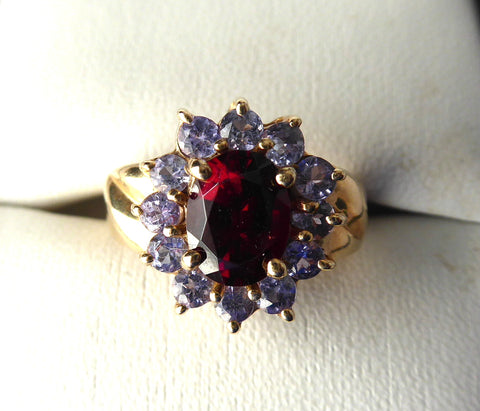 Cluster Ring Garnet 12 Tanzanites 10kt Gold 1970s Engagement January B ...