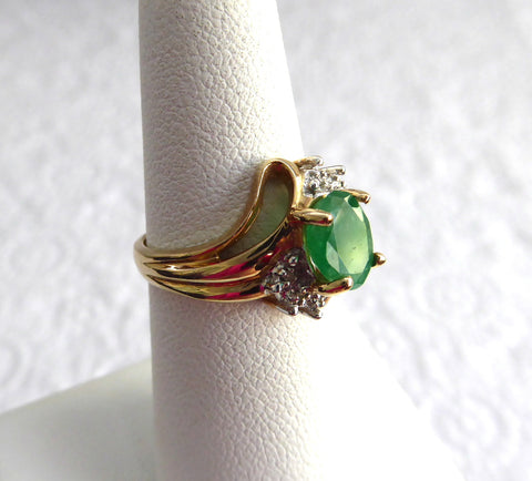 Emerald And Diamond Ring Genuine Oval 1.5 Carat Emerald 6 Diamonds 10k ...