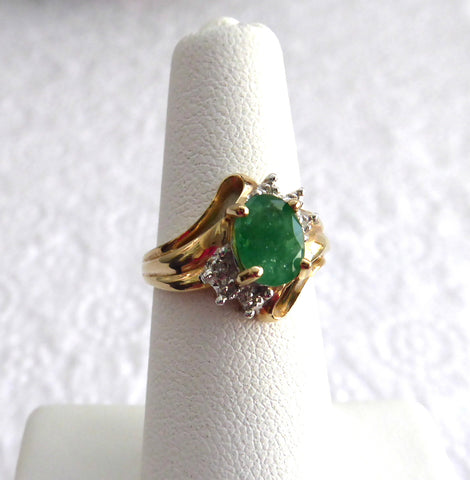 Emerald And Diamond Ring Genuine Oval 1.5 Carat Emerald 6 Diamonds 10k ...