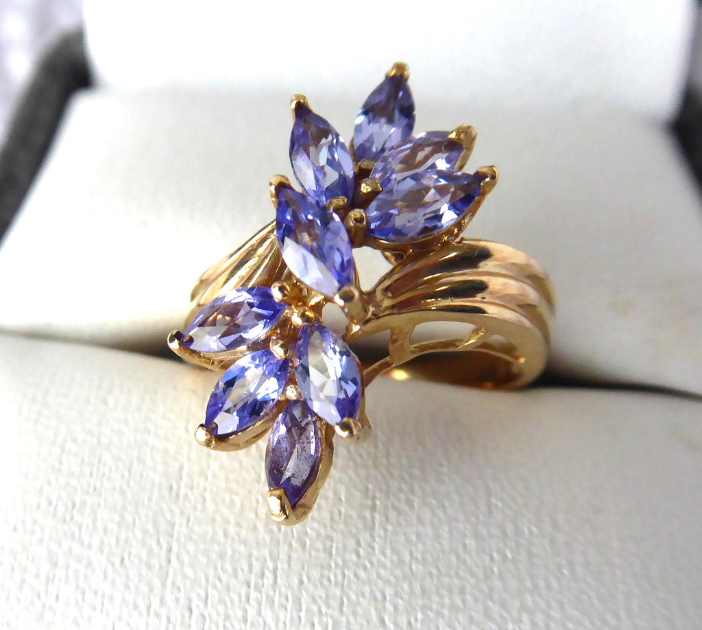 Tanzanite Cocktail Ring 9 Marquise Cluster Solid 10kt Gold 1970s State ...