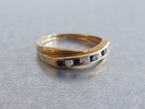 English 9Ct Gold Ring Sapphire Faux Diamond Crossover 1970s Half Etern ...