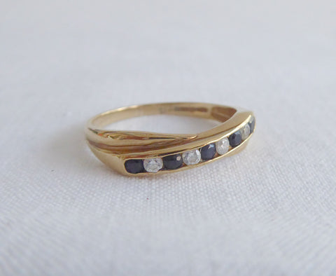 English 9Ct Gold Ring Sapphire Faux Diamond Crossover 1970s Half Etern ...