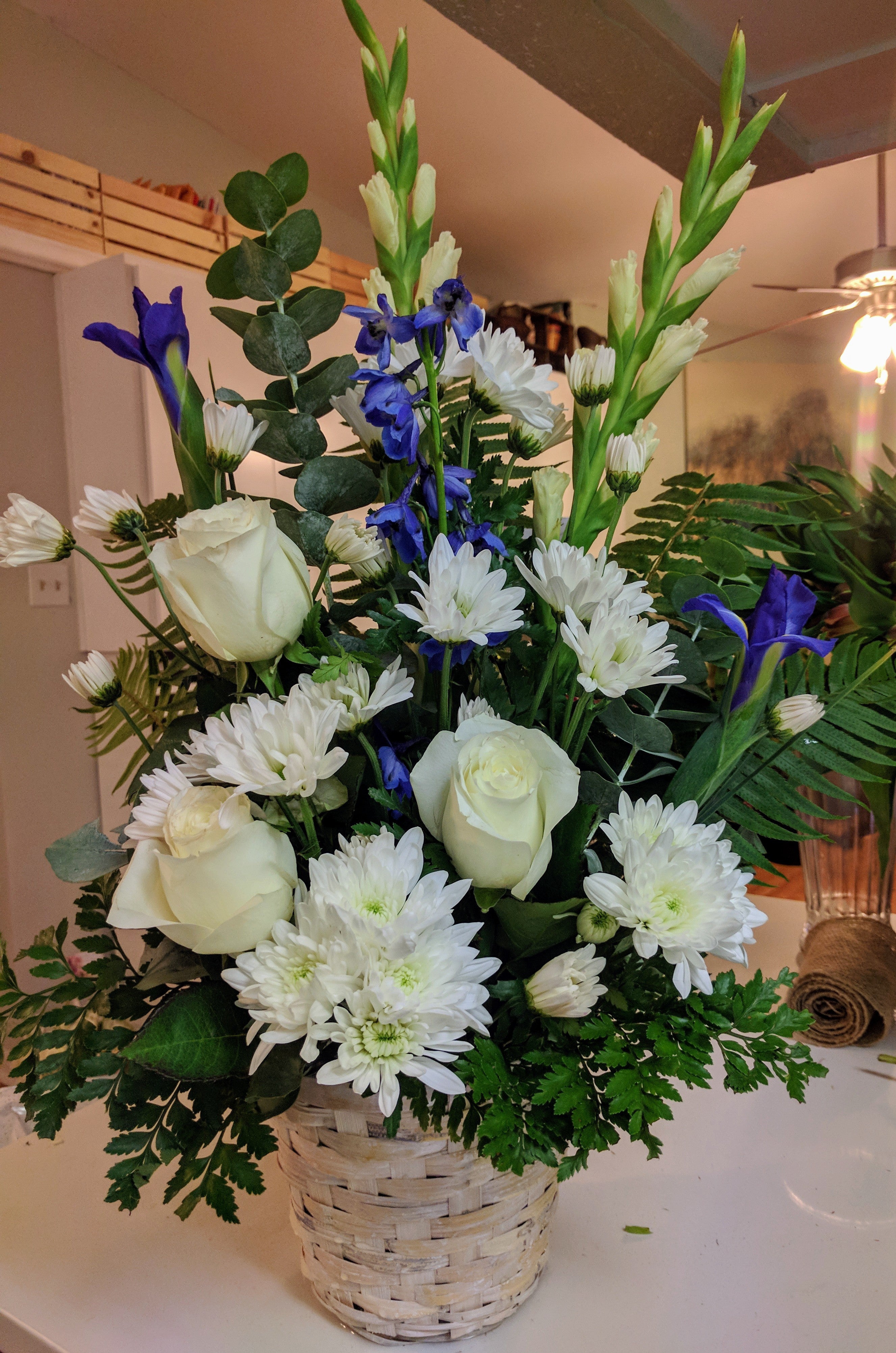 Blue White Basket Flora Funeral Flowers Are Happy
