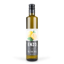 Skinny, tall, green bottle of ENZO lemon infused olive oil against a white background. The label has lemons against a white background and olive oil brand and other details against black background.