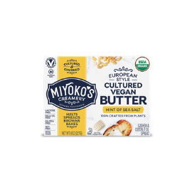 Miyoko's Creamery box of vegan butter against a white background. Label reads USDA Organic, European Styled Cultured Vegan Butter hint of sea salt..