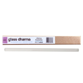 Glass Dharma glass straw lays below it's cardboard box against a white background. Box label reads: Glass Dharma