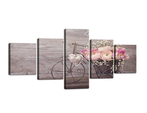 5 Piece Canvas Wall Art - Pink Rose With Bike on on Vintage Wood Background - Modern Home Decor Ready to Hang - 50''W x 24''H