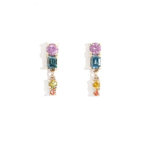 Art Pop Sapphire drop earrings with purple, teal, yellow and orange sapphires