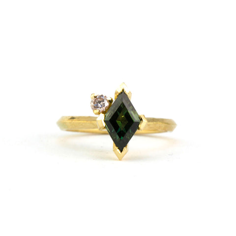 Kite cut Australian Sapphire with champagne diamond engagement ring