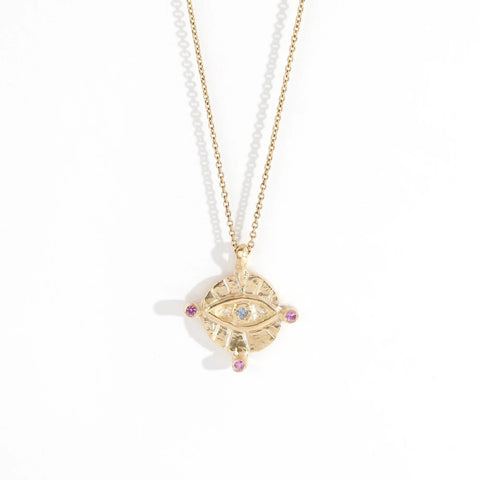 Minds Eye gold necklace with pink and blue sapphires