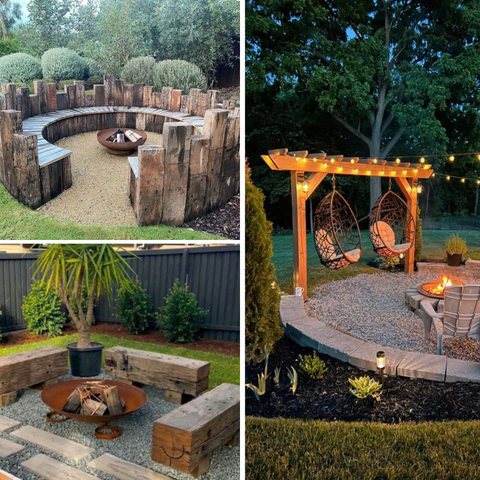 Outdoor entertaining areas can be decorated with mantels, pergolas, and so much more.