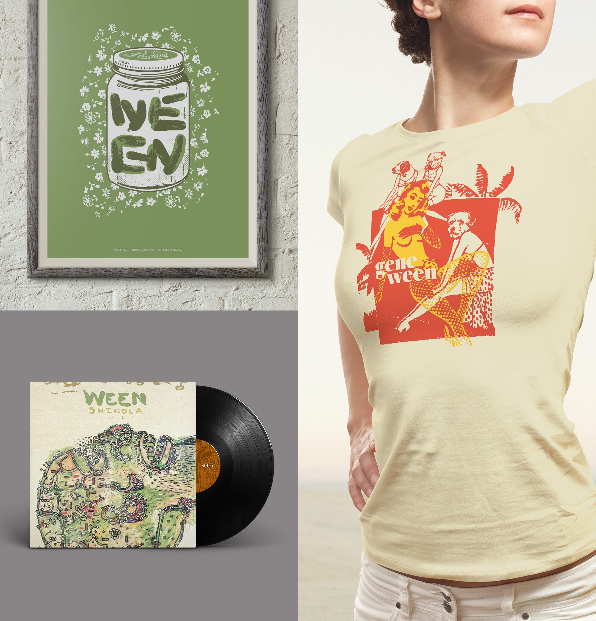 Ween 'Pickle Jar' poster, Ween 'Shinola, Vol. 1', Gene Ween 'Dog' t-shirt