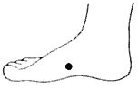 drawn diagram of a foot with a black dot representing acupressure point