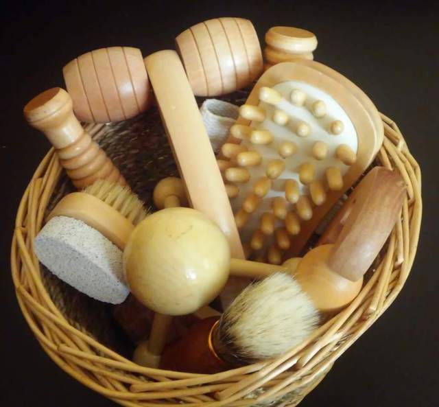 basket holding different kinds of massage tools