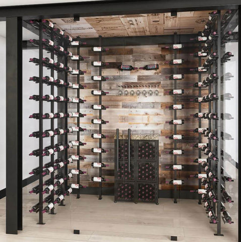 wine racks with wine bottles in a simple wine cellar