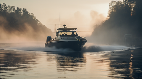 powerboat is underway in fog