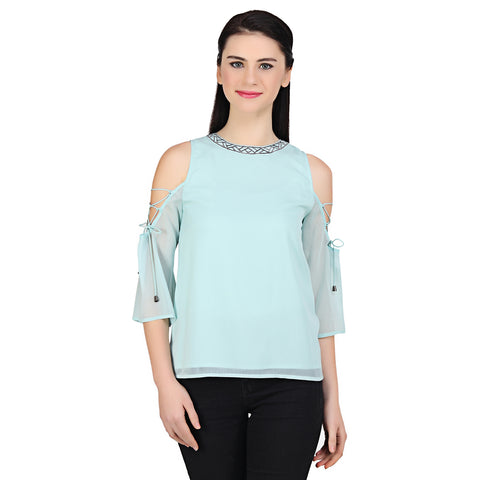 Sea Green Embroidered Cold Shoulder Chiffon Top