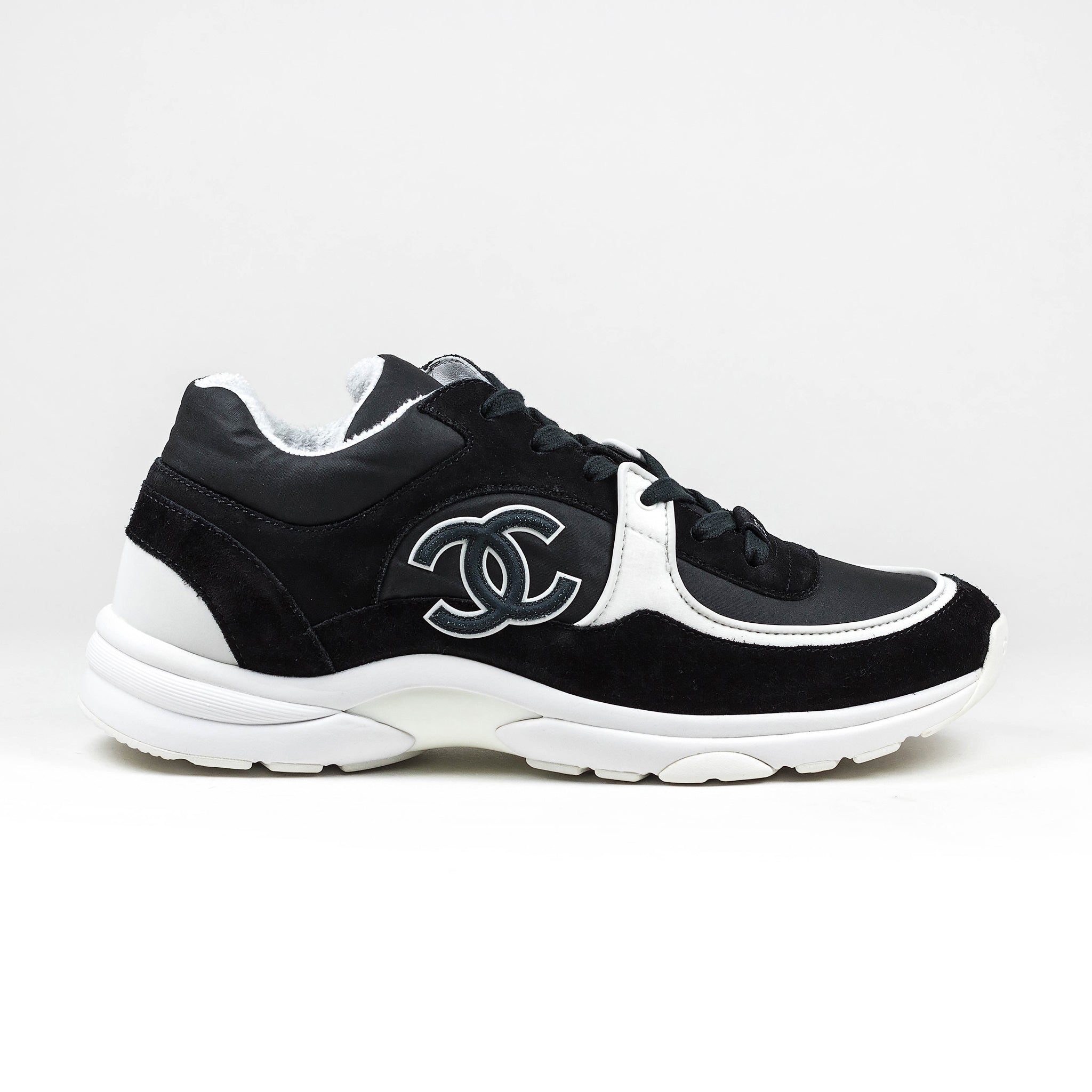 Chanel CC Logo Suede Nylon Reflective Black White Sneaker – Crepslocker