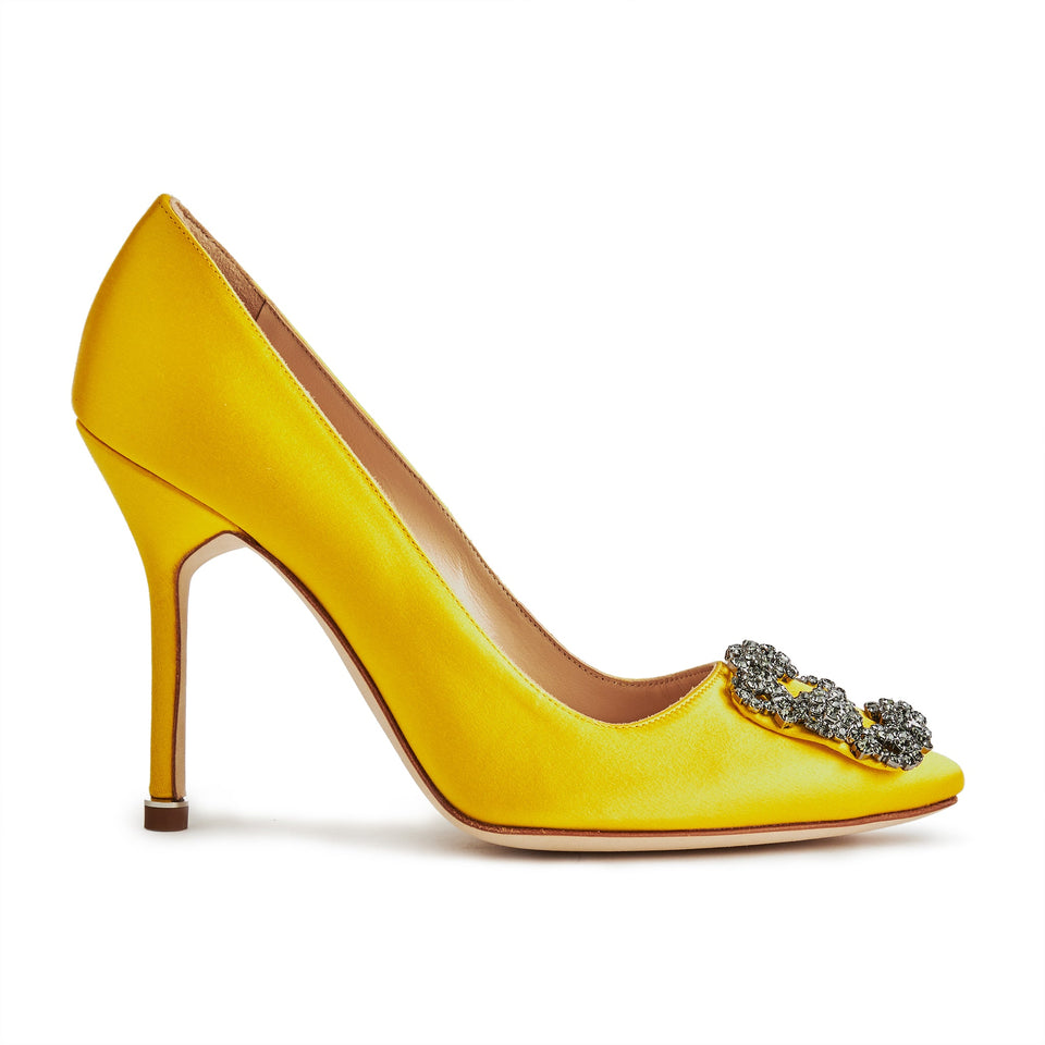 Manolo Blahnik Hangisi Yellow Satin Jewel Buckle Heels