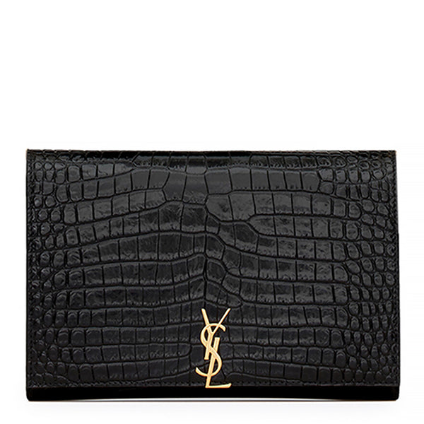Pre-owned Saint Laurent Monogram Credit Card Wallet Crocodile Embossed  Leather Black