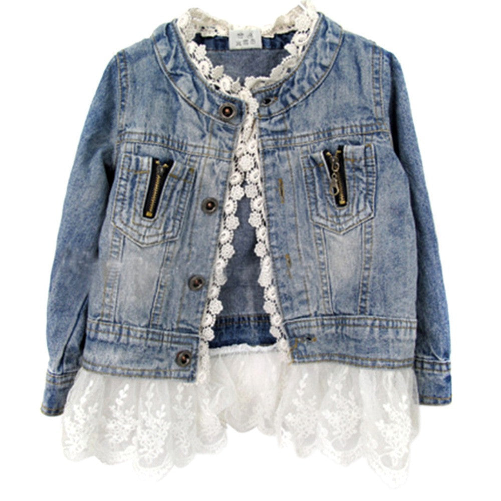 2-7Years Jean Jacket Girls Kids Denim Lace Coat Long Sleeve Botton Children Outwear Clothes  TIML66