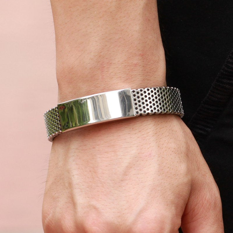 Stainless Steel Silver and Black Leather Cuff Bangle Bracelet Men Wristband Gift