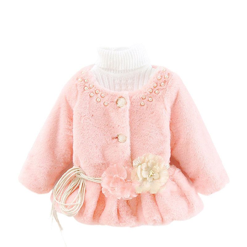 Kids Girls Baby Soft Faux Fur Fleece Warm Flower Belt Jacket Coat Outwear  TIML66