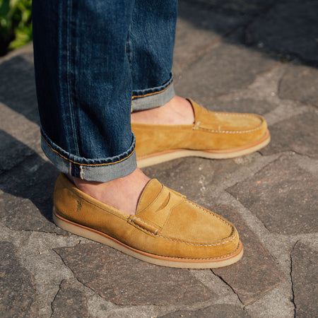 Velasca | Beige suede loafers for men, made with Alfa Romeo