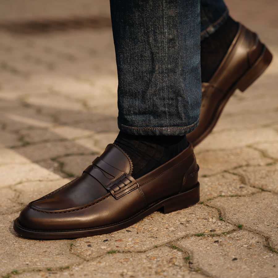 Men’s brown leather slip on Penny Loafers | Velasca