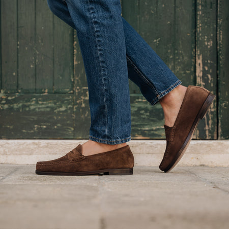 Men’s dark brown suede leather Penny Loafers | Velasca