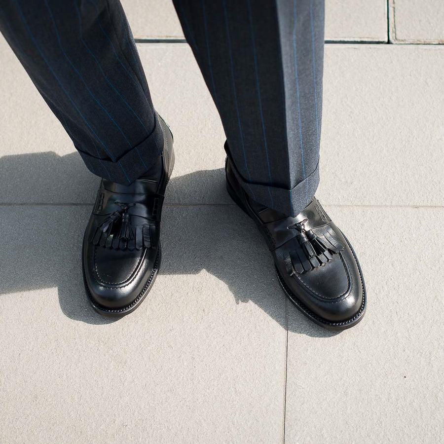 Men’s black leather Penny Loafers & Fringe | Velasca