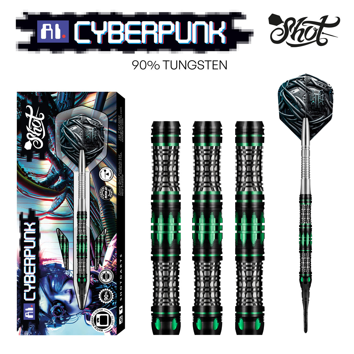 AI CYBERPUNK SOFT TIP DART SET - 90% TUNGSTEN BARRELS 20gm