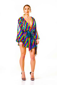 rainbow sequin blouson sleeve wrap dress