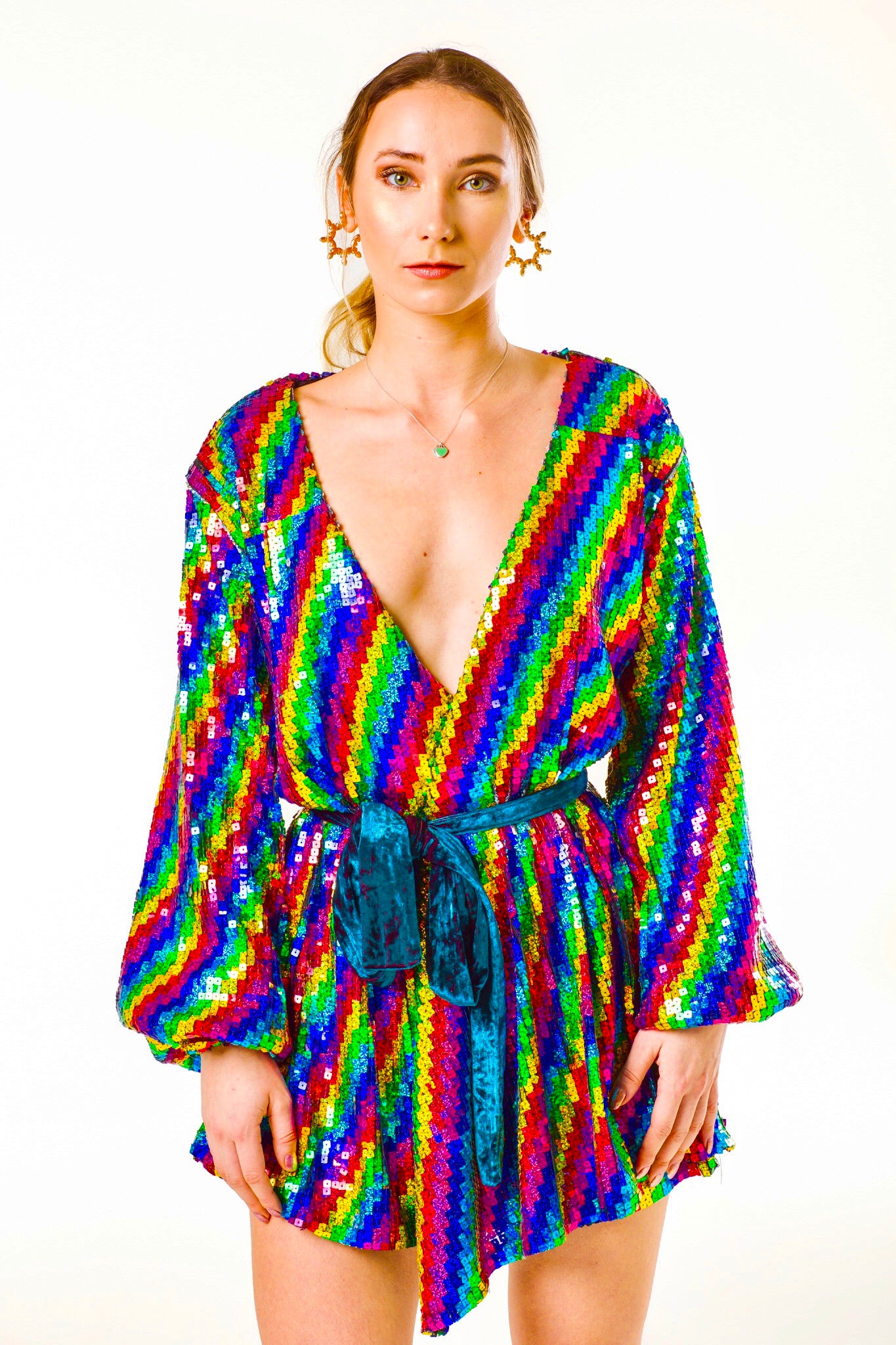 rainbow sequin blouson sleeve wrap dress