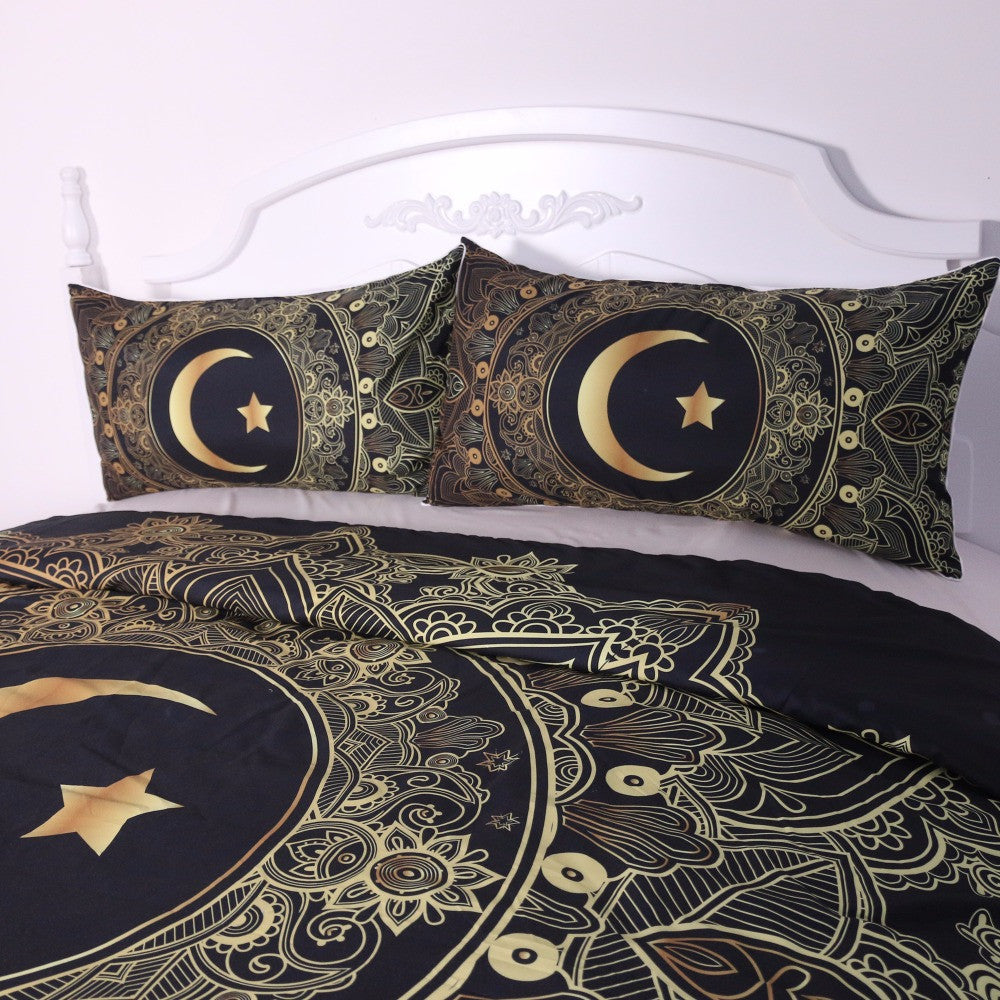 3 Pieces Gold Mandala Flowers Moon And Star Duvet Cover Dark Blue