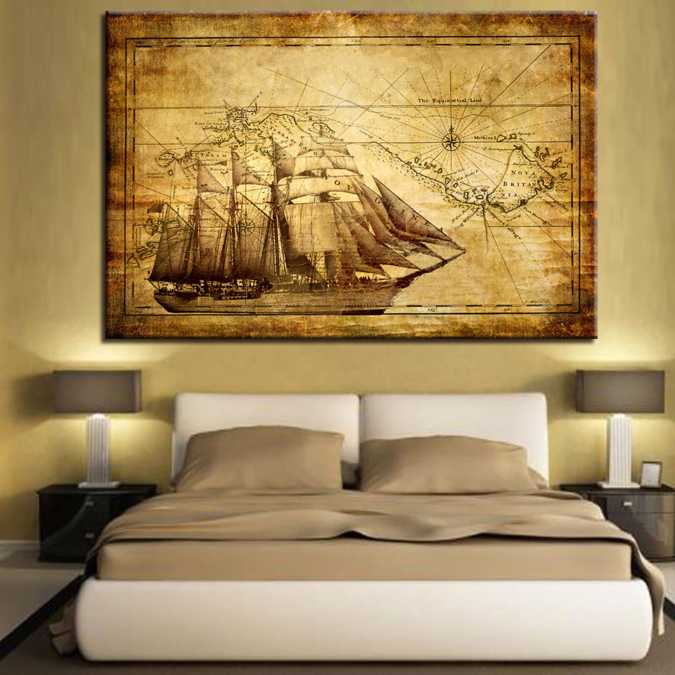 Hd Printed Vintage Nautical Sailing Ship Map Canvas Wall Art Look4ward Store