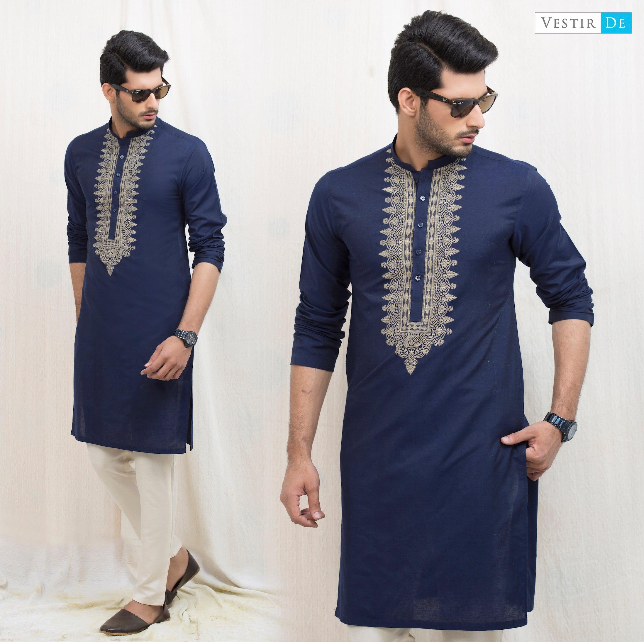 Navy Blue Embroidery Cotton Kurta