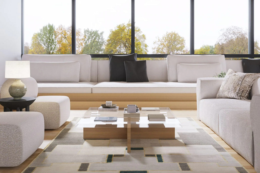 living room showing rug placement beneath coffee table