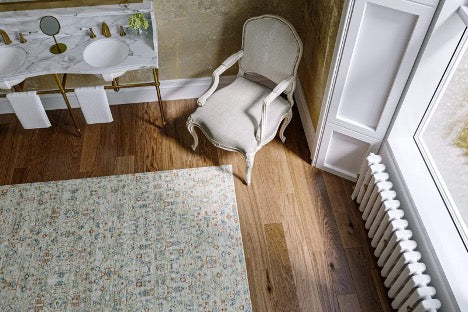 Shanti Silver area rug in a traditional powder room setting