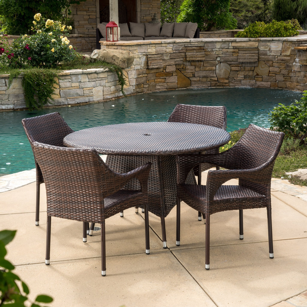 Outdoor 5-Piece Multi-Brown Wicker Round Dining Set with Umbrella Hole