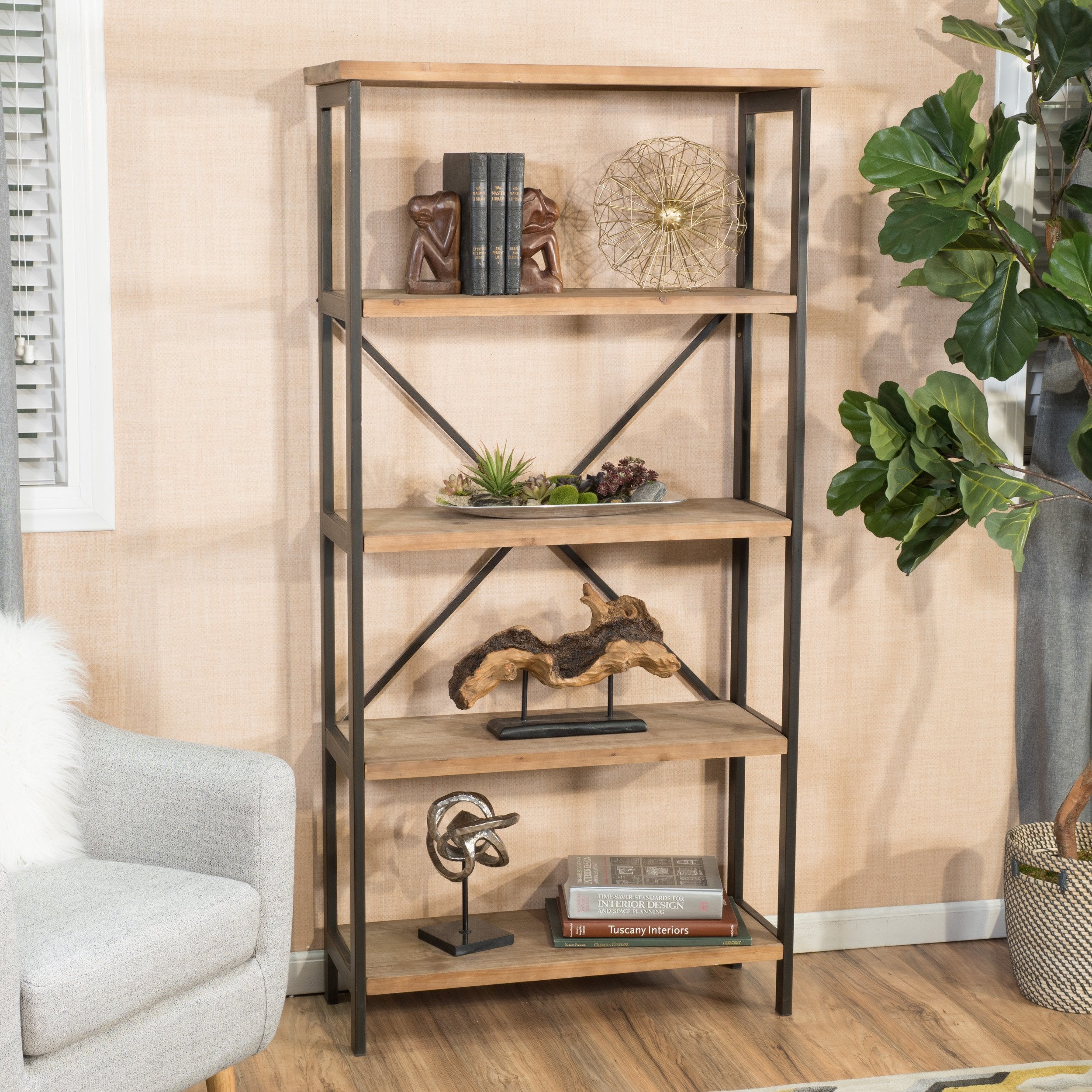 Rustic 4 Shelf Wood And Metal Etagere Bookcase Nh929692 Noble House Furniture