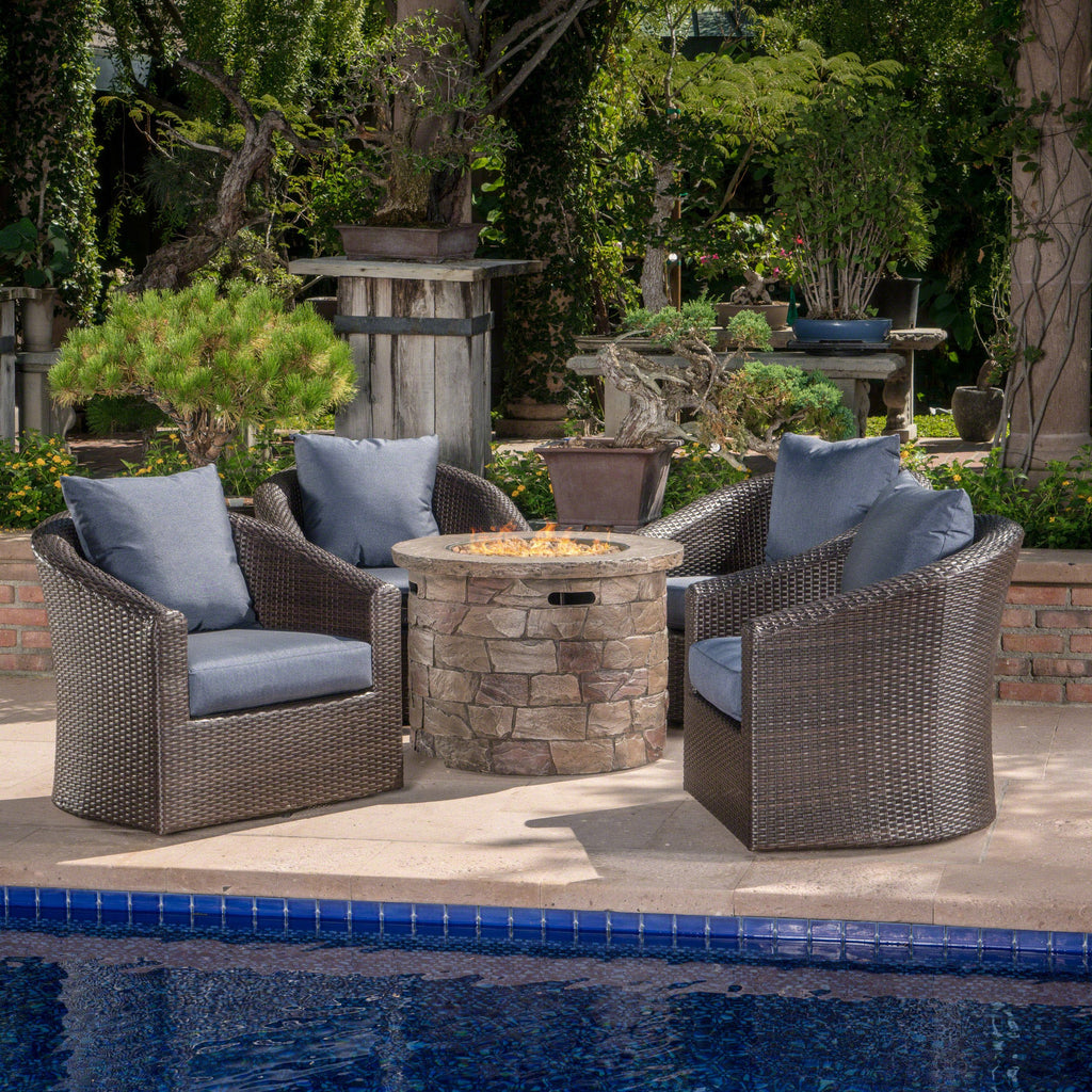 Outdoor 5 Piece Wicker Swivel Club Chair Fire Pit Chat Set Nh735203 Noble House Furniture