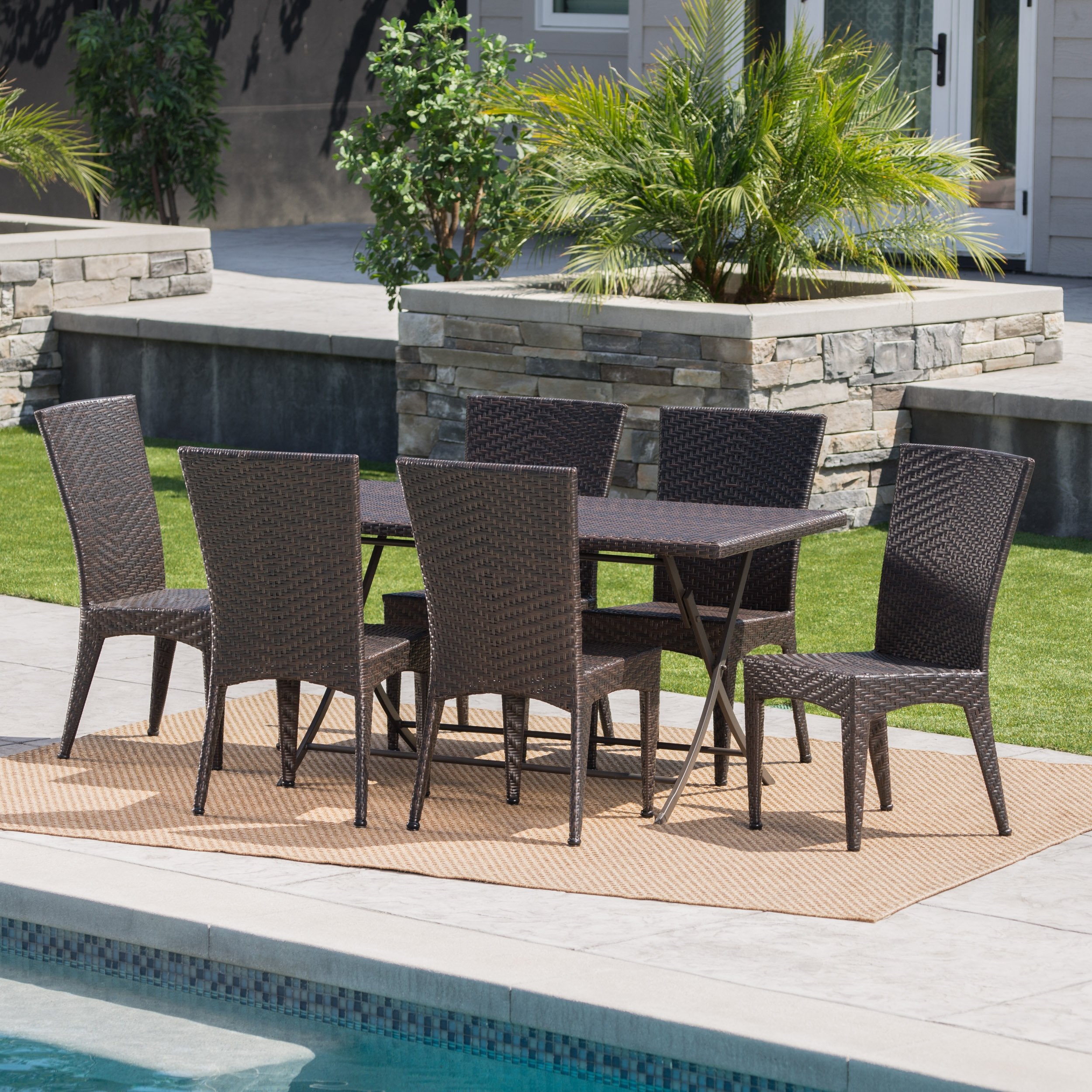 Outdoor 7 Piece Multi Brown Wicker Dining Set With Foldable Table Nh Noble House Furniture