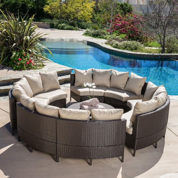 Outdoor 8 Seater Round Wicker Sectional Sofa Set With Coffee Tables