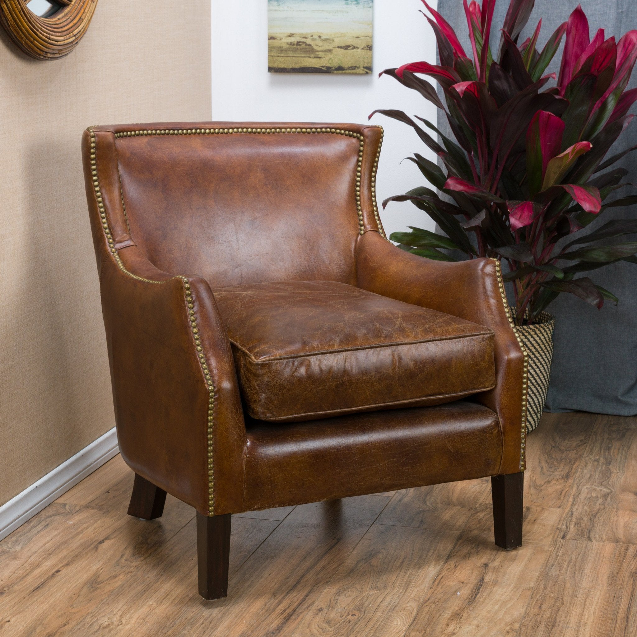 Brown Top Grain Leather Upholstered Club Chair with Nailhead Trim - NH